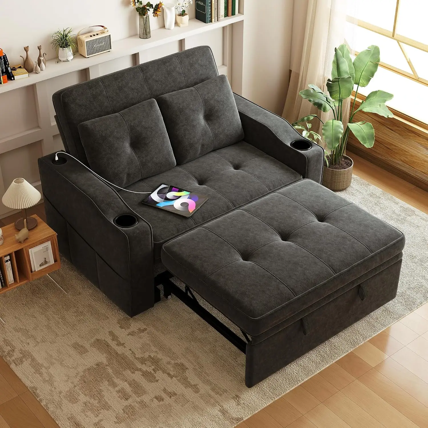3-in-1 Loveseat Sleeper, Chenille, USB & Type-C Charging, 5-Position Backrest, Cup Holders, Storage Pockets, Customized