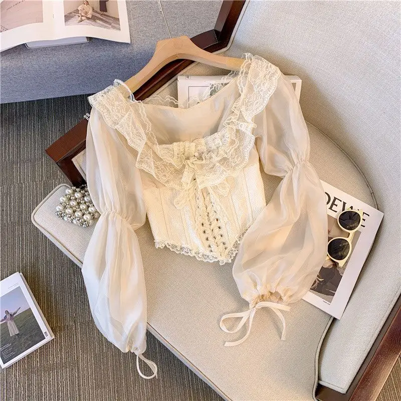 Blouse Women's Autumn French Courtly Style Mesh Puff Sleeves Shirt Fitted Tie-Front Undershirt Waist-Defining Lace New Casual