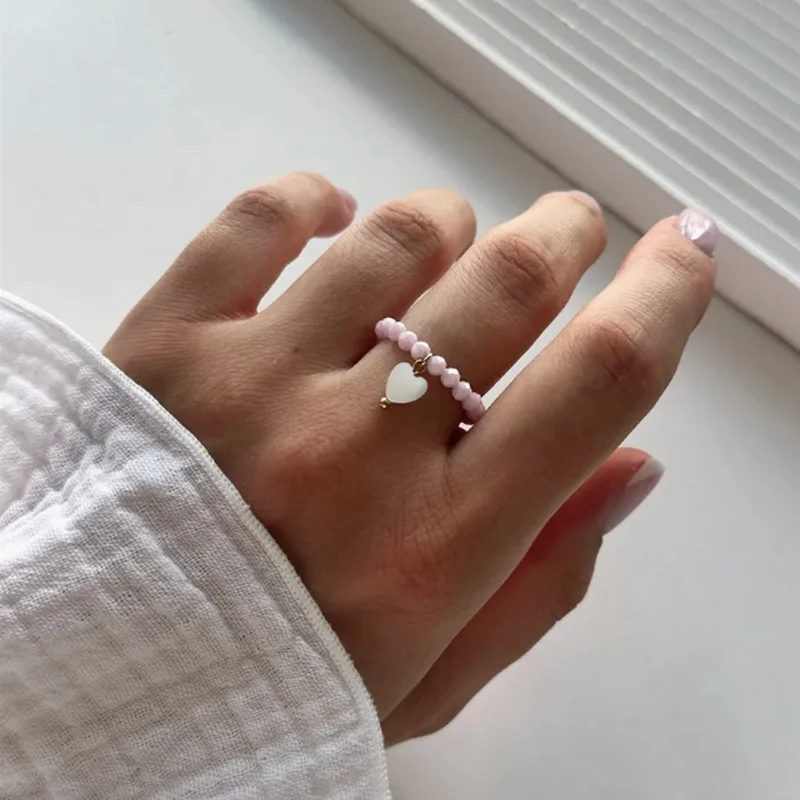 2025 الخريف الشتاء خمر سلسلة من الخرز حبل مرن شكل قلب شل قلادة خواتم للنساء أنيقة خواتم الخرز المستديرة هدية #2