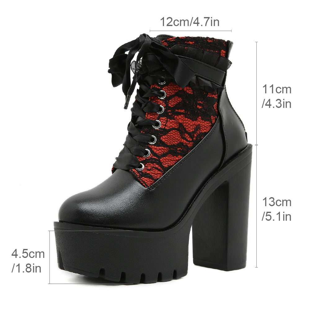 Gdgydh Gothic Lace Patchwork High Heel Ankle Boots for Women Vintage European Style Zipper Closure Chunky Platform Boots Red