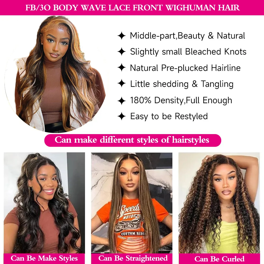 Peruki z ludzkich włosów FB/30 Highlight Colored 13x6 HD Body Wave Lace Frontal, wstępnie wyskubane, wstępnie wybielane, o gęstości 200, peruki typu 13x4 Lace Front