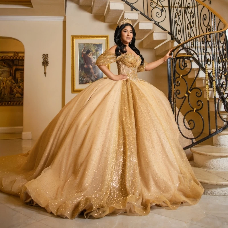 

Gold Shiny Quinceanera Dresses Ball Gown Off The Shoulder Beading Crystal Tull Sweet 16 Dress Vestidos 15 De Anos