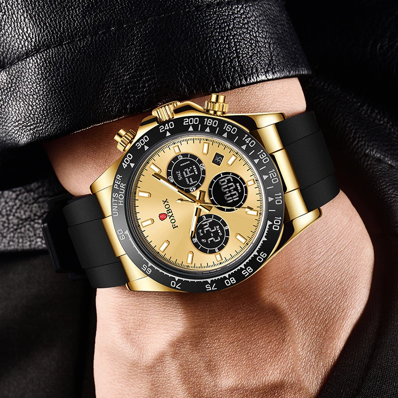 فوكس بوكس 2024 ساعات فاخرة جديدة للرجال موضة عادية ساعة رجالي رقمية كوارتز مقاوم للماء مضيئة ساعة اليد الذكور Reloj Hombre