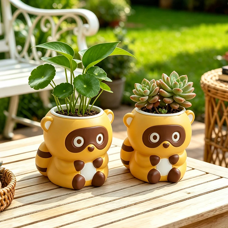 Snake Plant Ceramic - Verspielte Banditen-Waschbär-Sukkulenten-Vase aus Harz – Süße