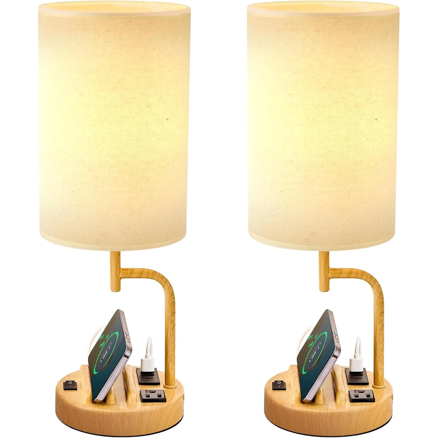 

Modern desk lamp with 3 USB charging ports, AC power socket and telephone stand, perfect bedside lamp (2-piece set)Cream