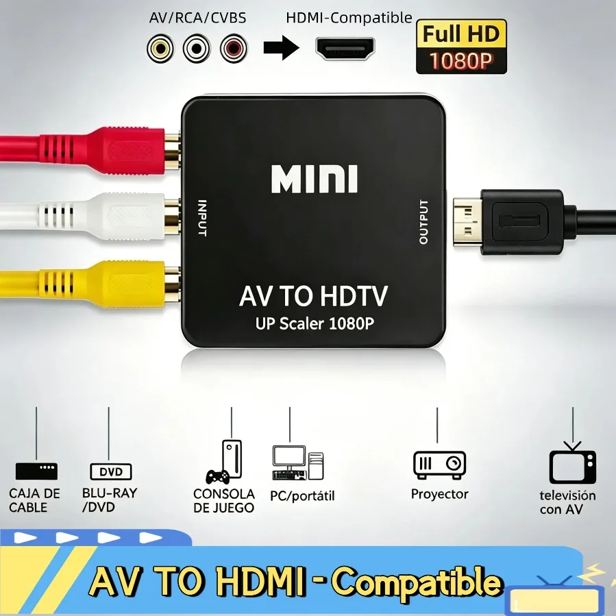 Conversor RCA AV para HDMI Compatível 1920*1080, Conversor Composto HD-MI para AV, Cabo de Áudio e Vídeo CVSB L/R, Adaptador AV2HD