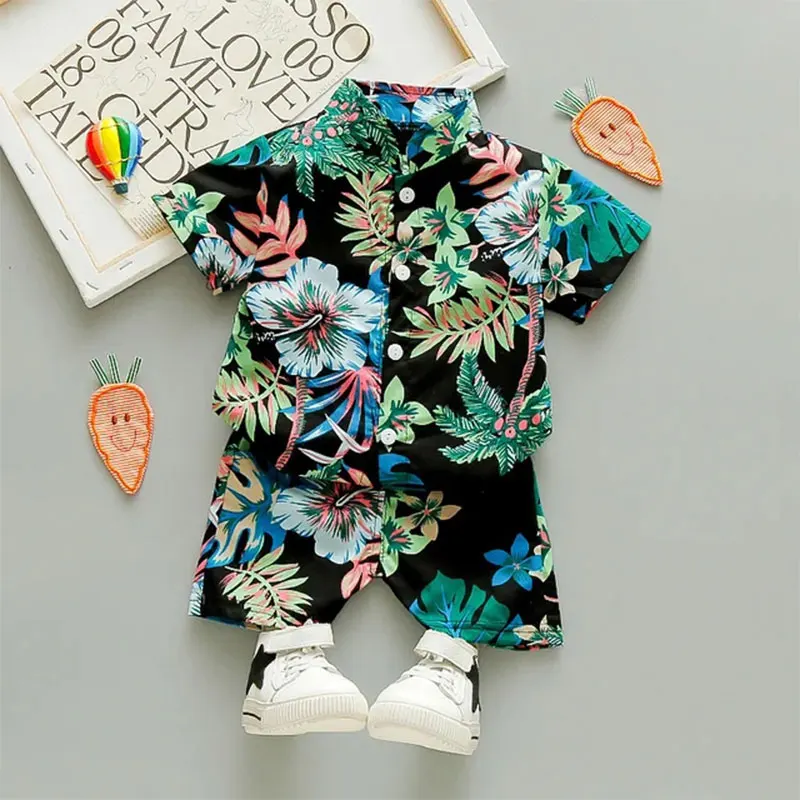 1-6 Year Baby Boys Floral Printed Clothes Set Summer Girl Short Sleeve Children\'s Shirt Top+Pants 2Pcs Kids Holiday Beach Outfit