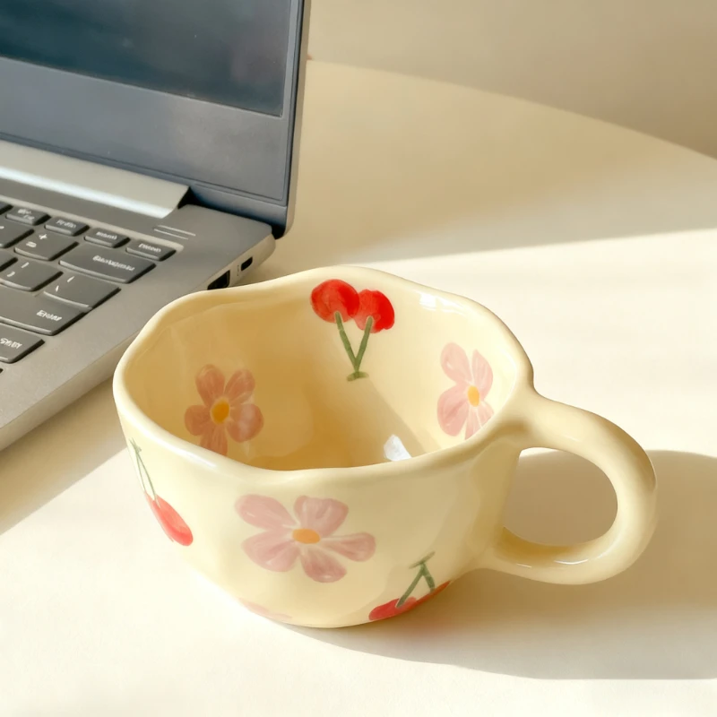 كوب من السيراميك غير المنتظم على الطراز الكوري، كوب قهوة من السيراميك باللون الأصفر اللطيف على الطراز الكوري، كوب إفطار من دقيق الشوفان #3