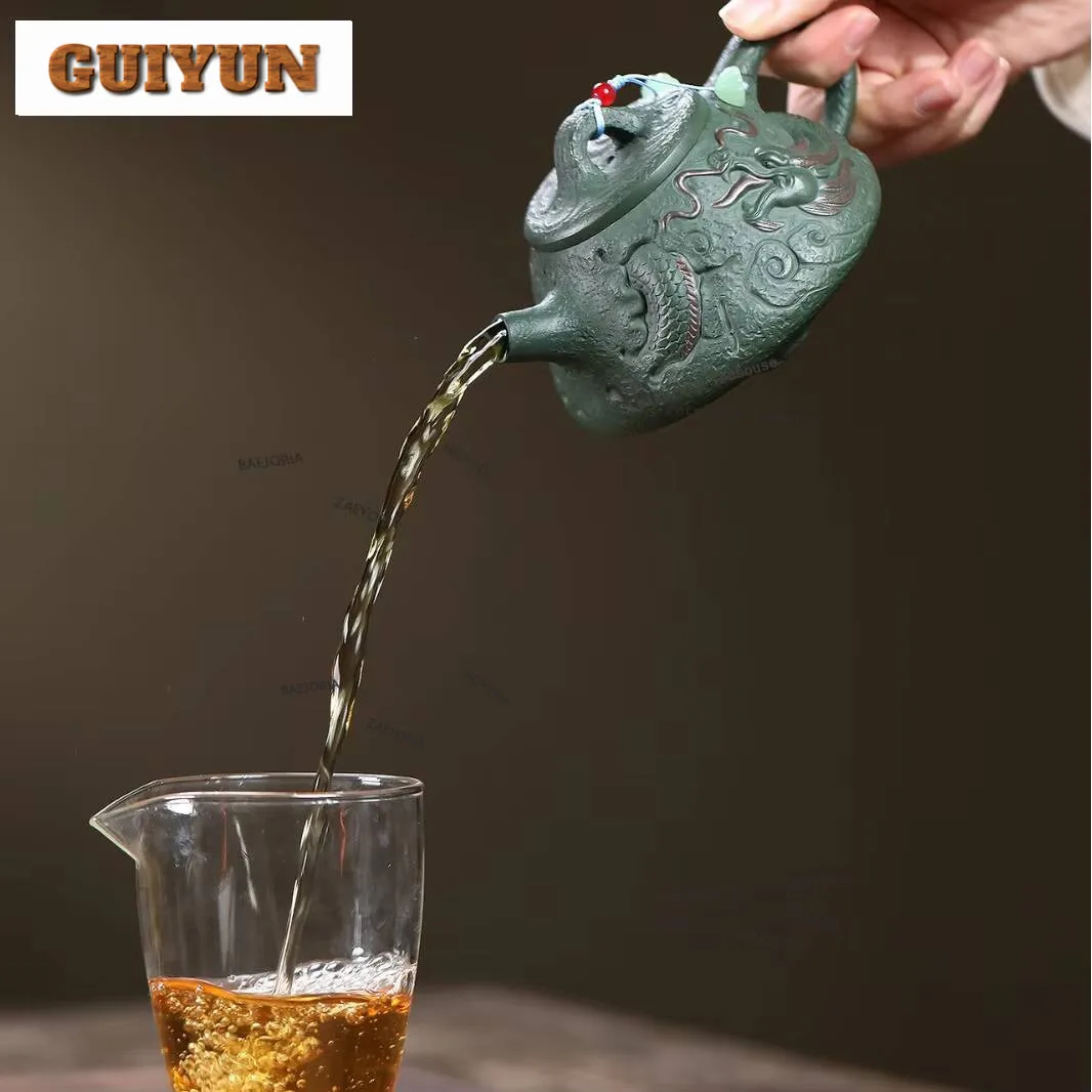 240ml Vintage Yixing Purple Clay Teapots Handmade Hidden Dragon Stone Scoop Pot Raw Ore Green Mud Kettle Zisha Tea Set Craft