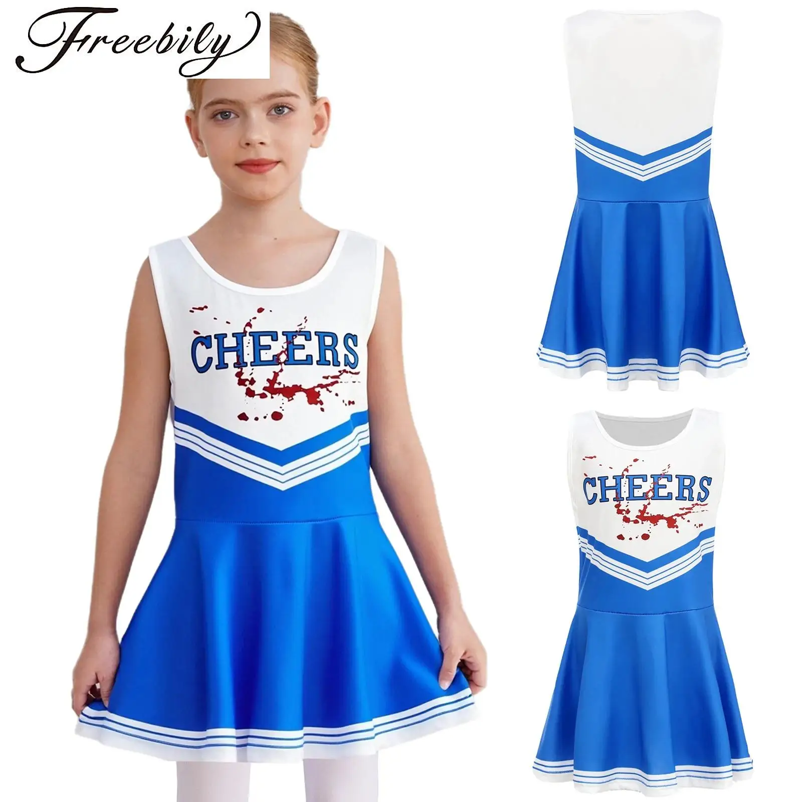 

Girls Cheerleader Costume Outfits Letter Print Dress with Headwear Hand Flowers And Stripe Socks Cheerleading Uniform Dancewear
