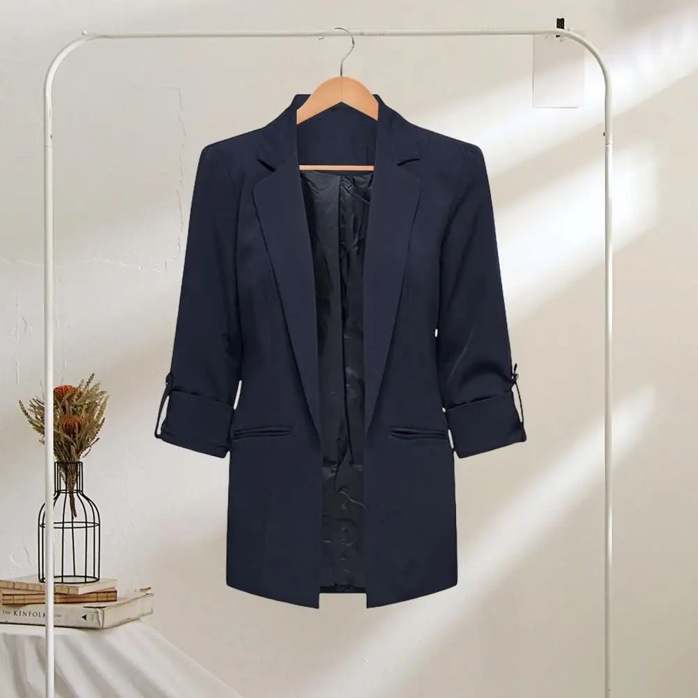 Chaqueta de traje ligera para mujer, abrigo elegante con cuello vuelto, bolsillos de manga larga, Color sólido elegante para oficina