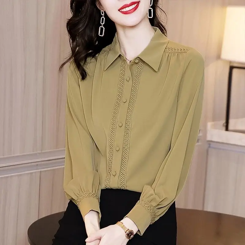 Long Sleeved Chiffon Shirt Yellow Colour Thin Three-dimensional Overlapping Striped Turn-down Collar Women Lantern Sleeve Slim