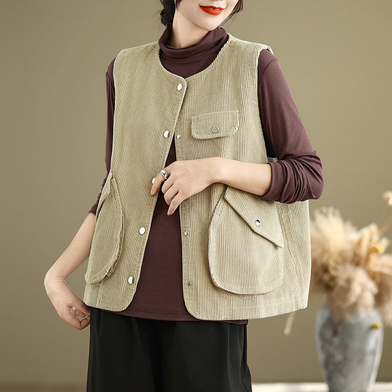 Gilet rétro en velours côtelé de coton pour femmes, ample, polyvalent, Patchwork, grand ket rond Ne Jaet, tendance, printemps automne