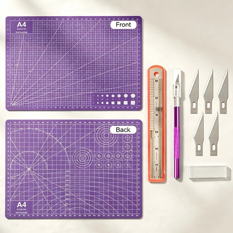 Purple DIY handmade patchwork mat set, A4 art cutting mat, 1.2mm thick, comes with 5 non-slip carving knives and spare blades, 15cm steel ruler, suitable for paper trimming and holiday card making.