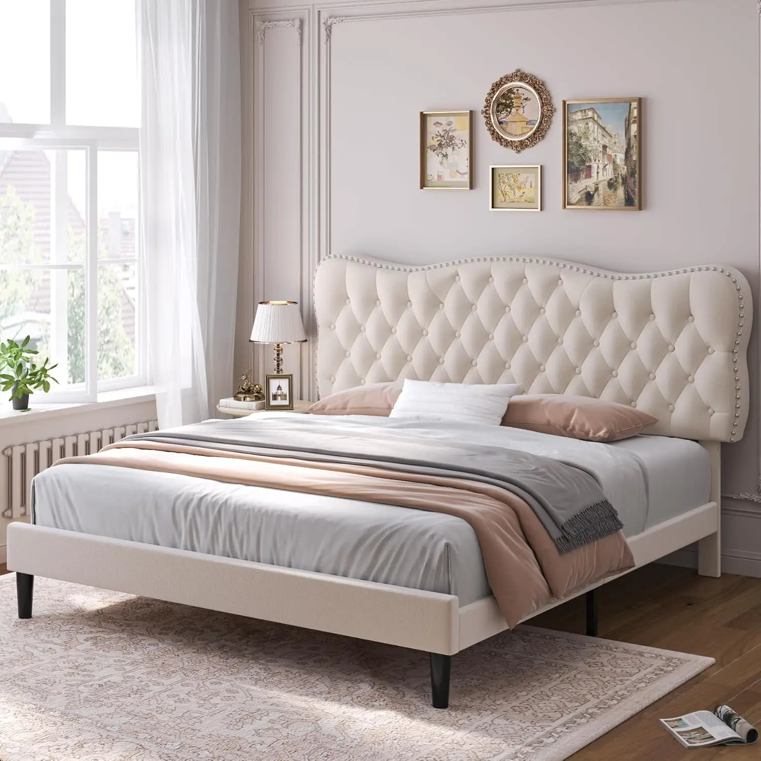 NEW Full Size Bed Frame, Velvet Upholstered Platform Bed Frame with Adjustable Headboard, Diamond Tufted Mattress Foundation