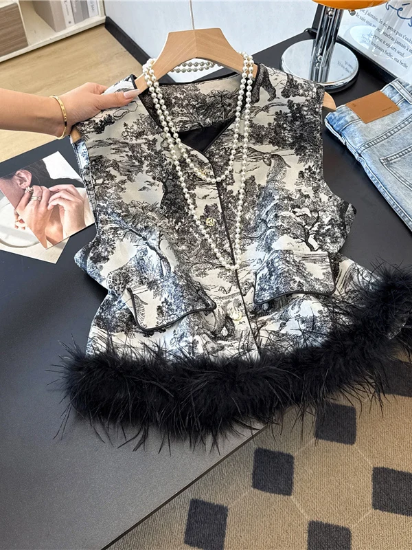 

Новый женский джет-жилет, весенне-осенний новый китайский топ со страусиными перьями в стиле пэчворк, водная медиология, национальный топ