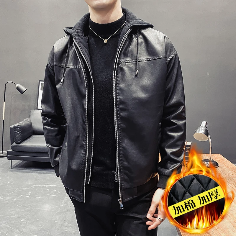 2023 Men Warm winter Hooded Leather Jacket Male Slim Fit Motorcylce PU Jacket Men Coat Warm Thicken Biker Leather Clothing S-5XL