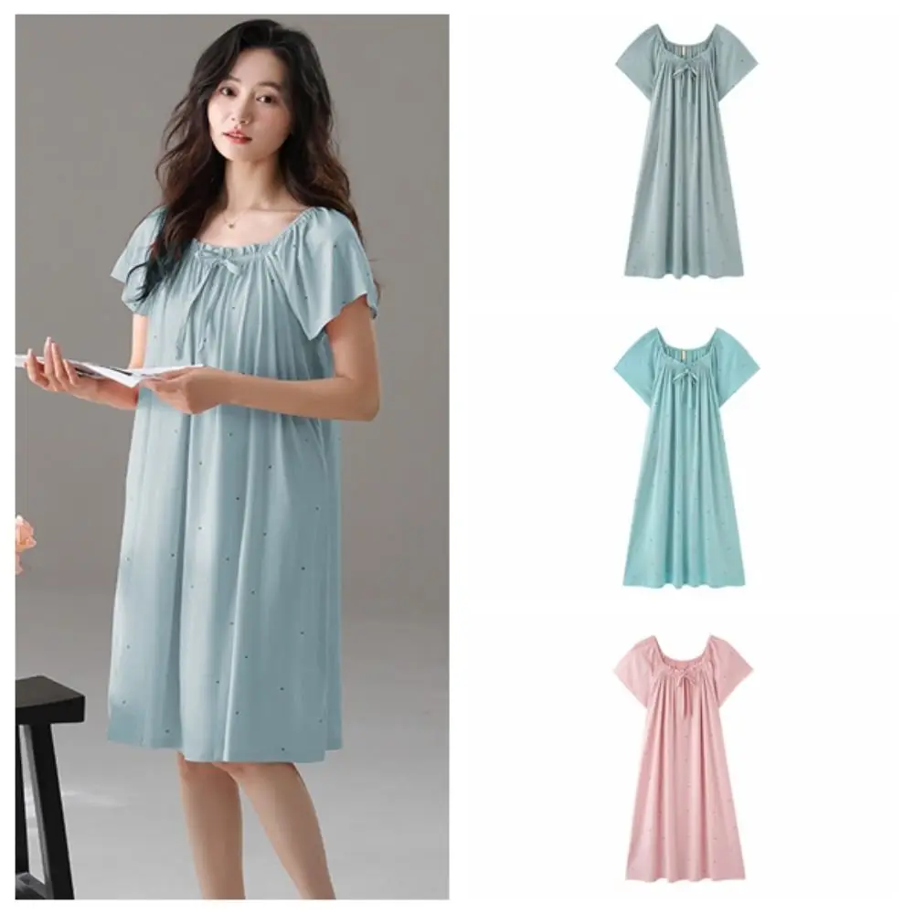 

Casual Modal Women's Pajama Dress Short Sleeve Loose Dot Ruffle Nightdress Home Wear Sleepwear Lace Up Nightgown Home