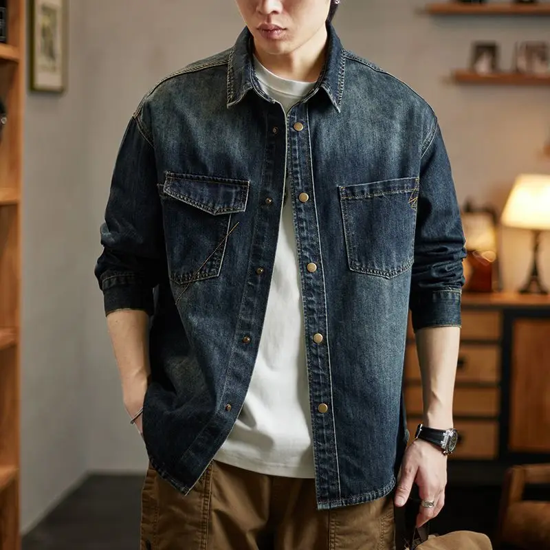 

Retro American Long Sve Denim irt Men's Autumn Trendy Loose ket Patchwork Workwear Jaet Outerwear Youth Casual Cott...