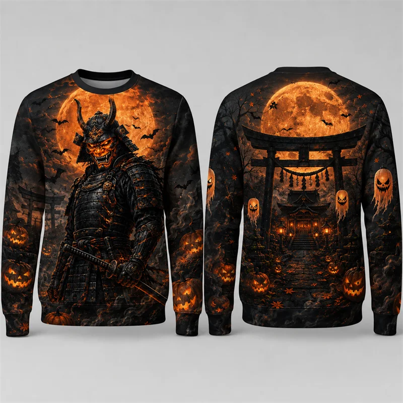 Halloween Japanese Yokai Sweatshirt Men Women 3D Print Crew Neck Long Sleeve Polyester Pullover Gothic Streetwear Tee Y2k Tops