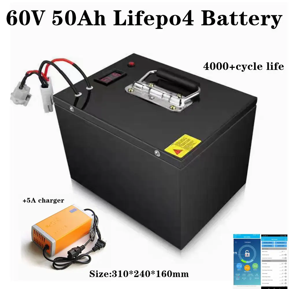 60V 50Ah Lifepo4 Battery Pack Built-in BMS Metal Case Non Lead Acid for RV EV Motor Elecrtric Bike 1800W 3000w Motor + 5A Charge