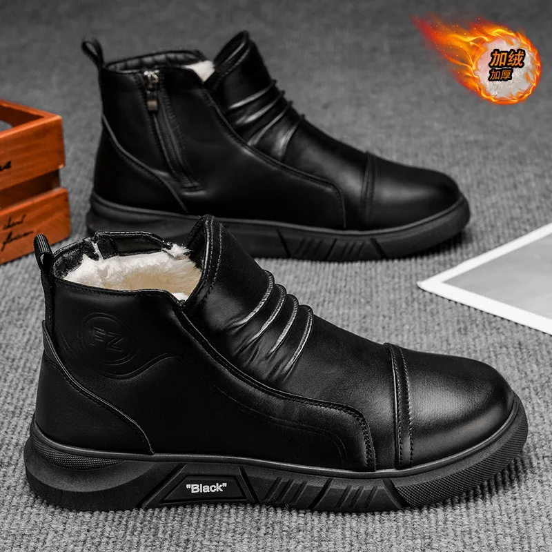 أحذية شتوية مخملية أحذية رجالية جديدة عالية الجودة أحذية جلدية للرجال أحذية جلدية سوداء سميكة دافئة أحذية قصيرة أحذية قطنية
