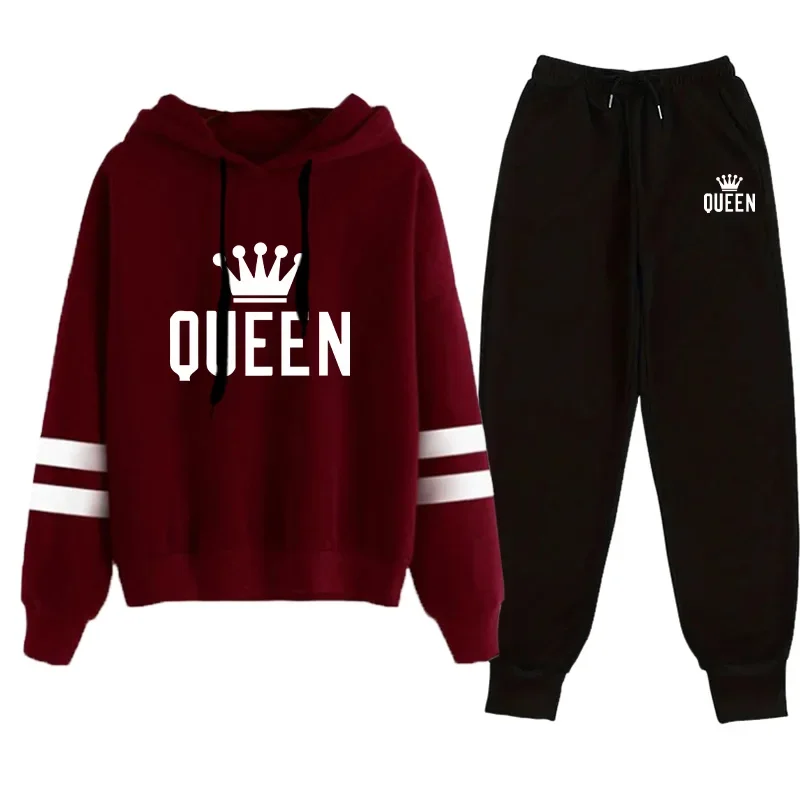 Queen Print Hoodie Sweatpants Womens Tracksuit 2 Piece Set Fall Winter Female Home Outdoor Comfort Warm Outfit Casual Sportswear