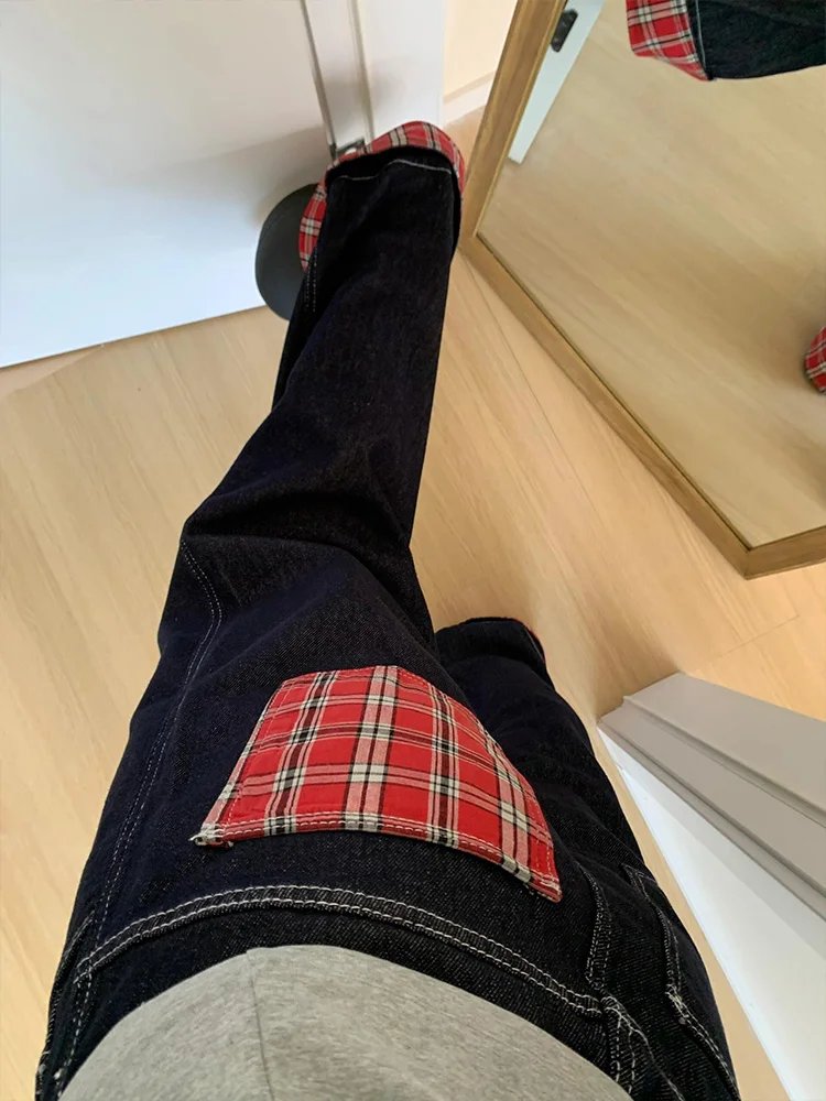 

American Retro Plaid Splicing Design Women's Jeans Loose High Street Straight Leg Wide Leg Pants Spring Autumn Deep Color