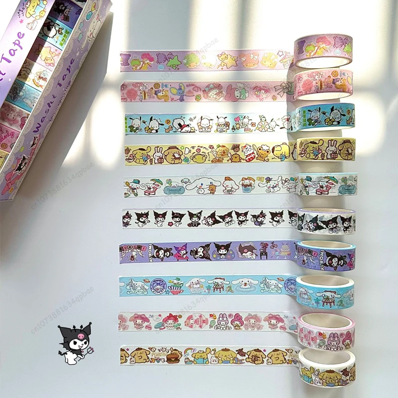 MINISO Kawaii Stickers 10Roll Box Sanrio Stickers Kuromi Melody Cinnamoroll Hand book Stickers Hand Account Sticker Kid Toys