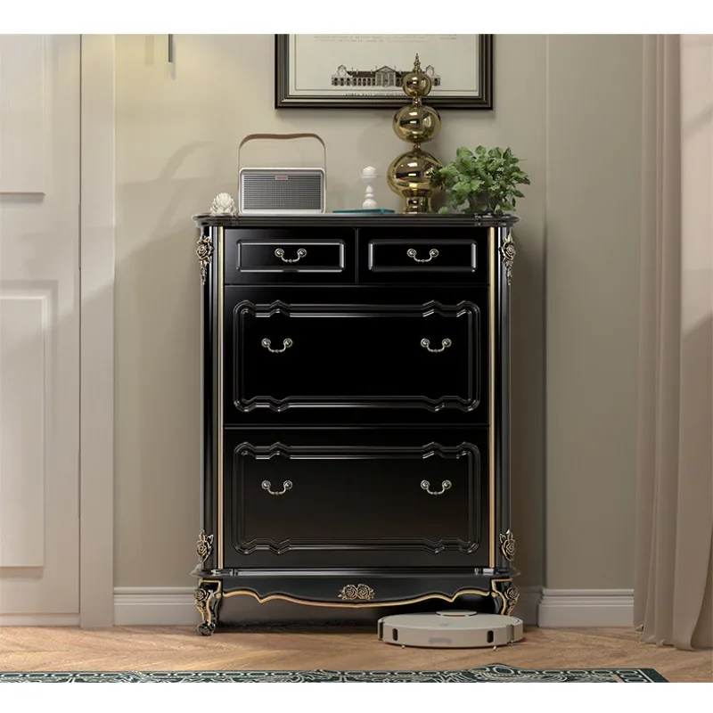European ultra-thin 29cm deep pure solid wood tipping bucket shoe cabinet light luxury classical black household door seam porch