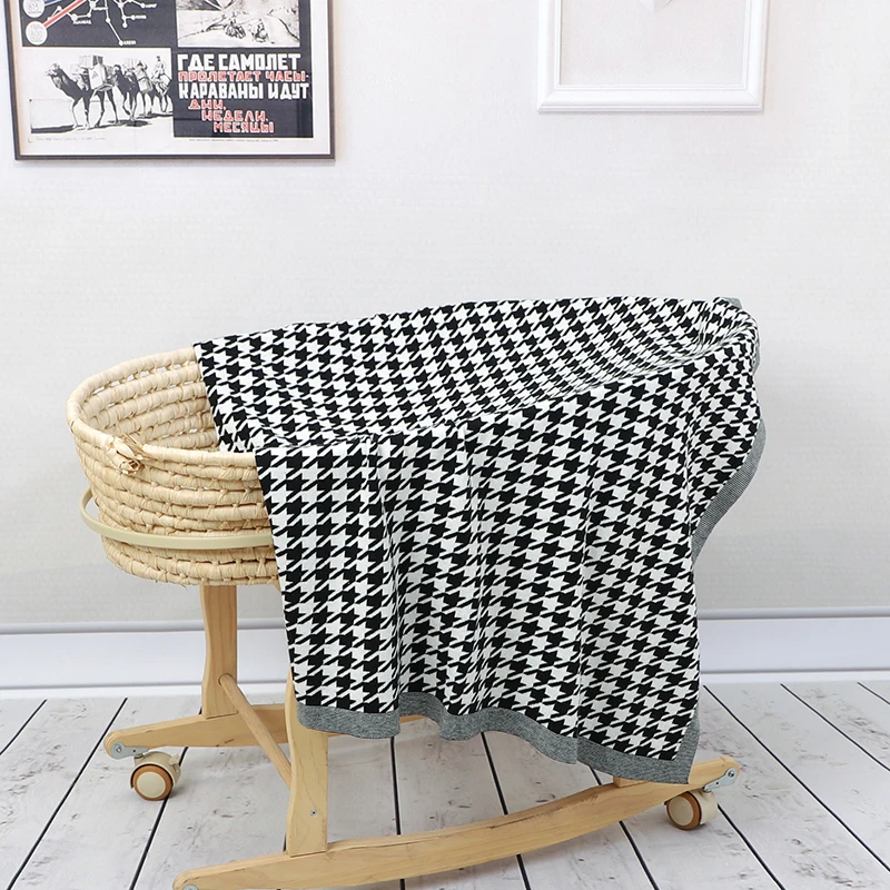 Katoenen Babydeken Gebreid Pasgeboren Meisje Jongen Beddengoed Geruite Wieg Quilts Mode Houndstooth 100*80Cm Kinderwagen Zacht Inbakeren