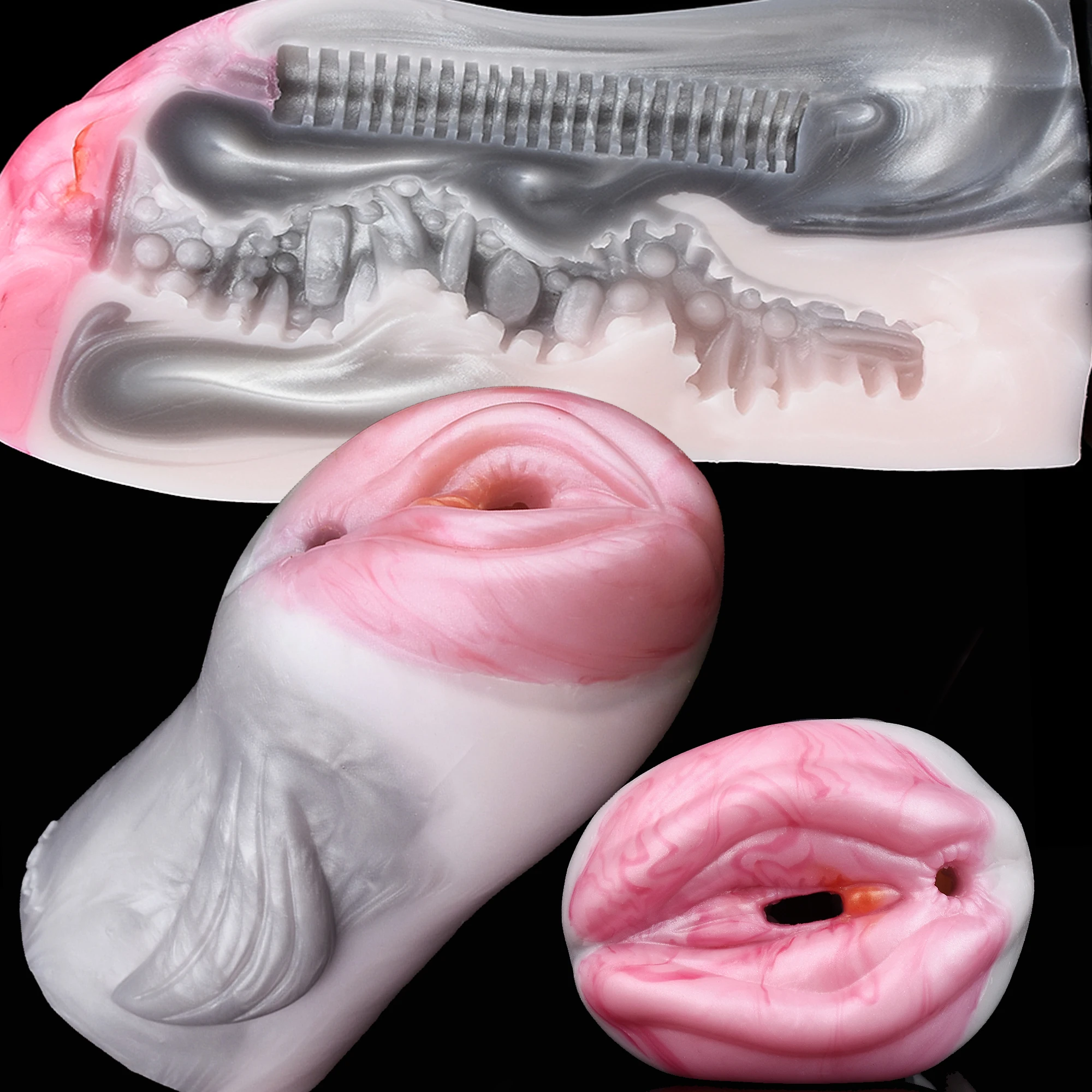ELKKOST Soft Silicone Fantasy Male Masturbator Dual Channel Hollow Dildo Sleeve Realistic Vaginal Penis Stroker Adult Sex Toys