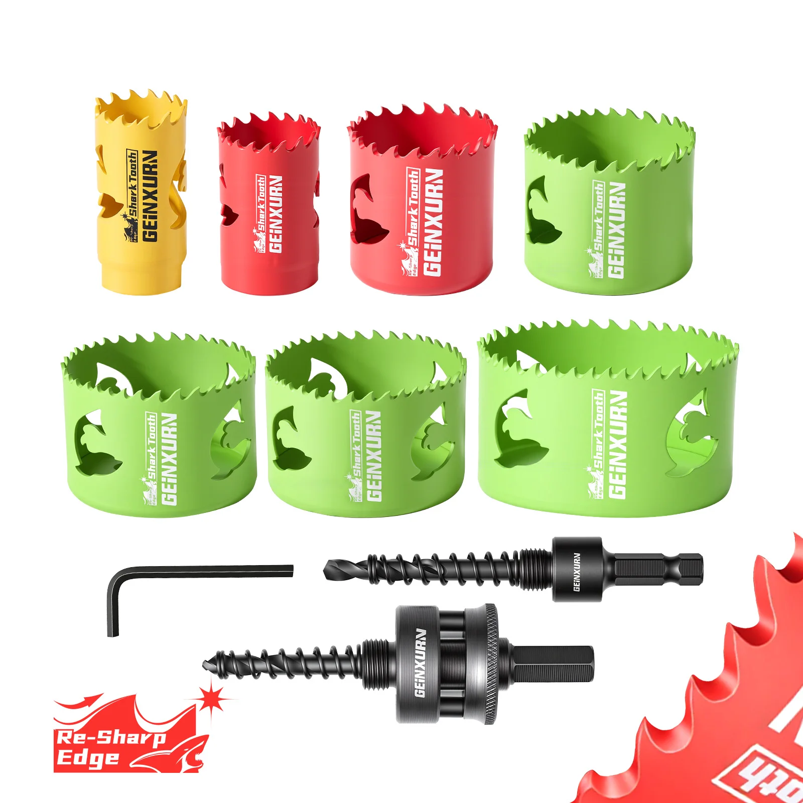 

Geinxurn 9PCS Hole Saw Set, with Big & Small Quick Change Arbor, Shark Tooth Blade, 3x Faster Drilling for DIY & Home Use