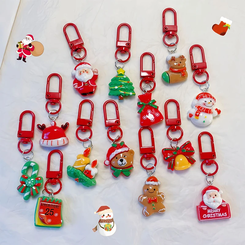 Christmas Resin Keychain Cartoon Santa Claus Snowman Christmas Tree Pendant Key Ring Backpack Decoration Accessories Couple Gift