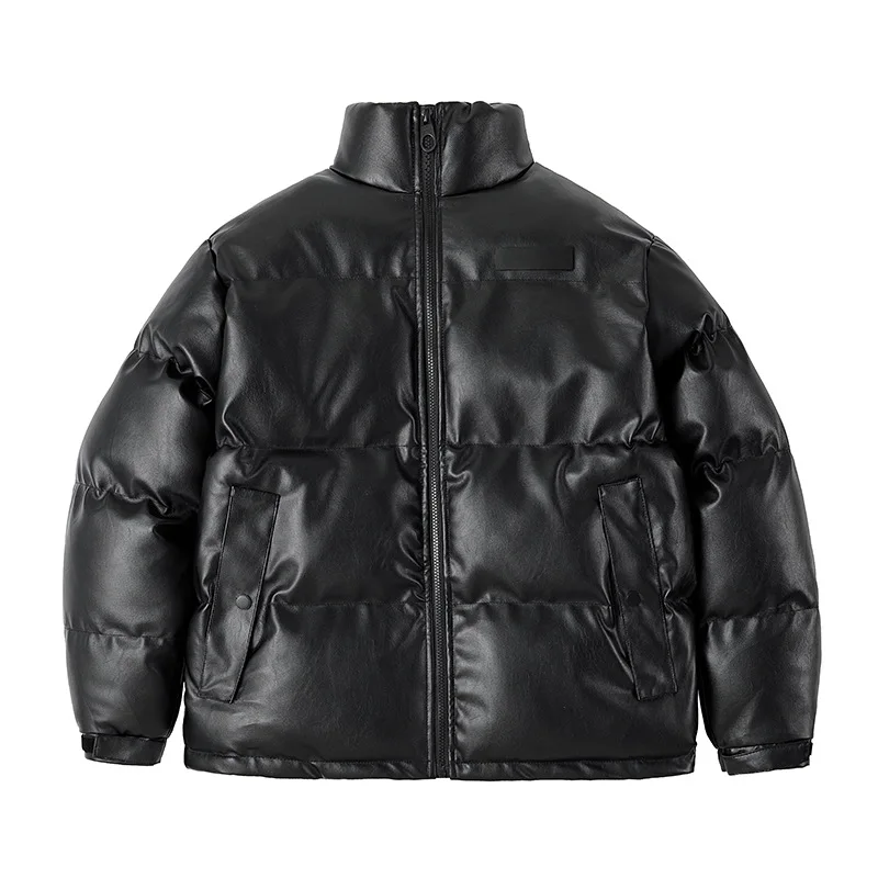 Winter Man Down Jacket Thicken Cold-proof Long Sleeve Male Leather Coat Solid Color Stand Collar Outdoor Casual Men Outerwear