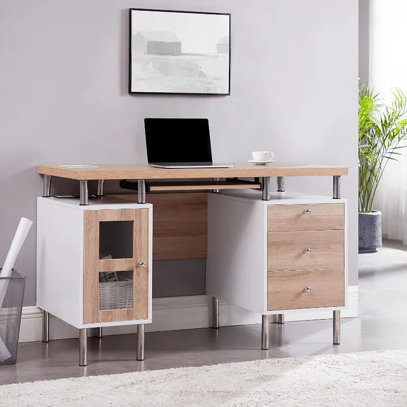 

Drawer File Cabinet Two-Tone Desk with Keyboard Tray, Power Outlets, USB Ports Charging Station, Metal Legs