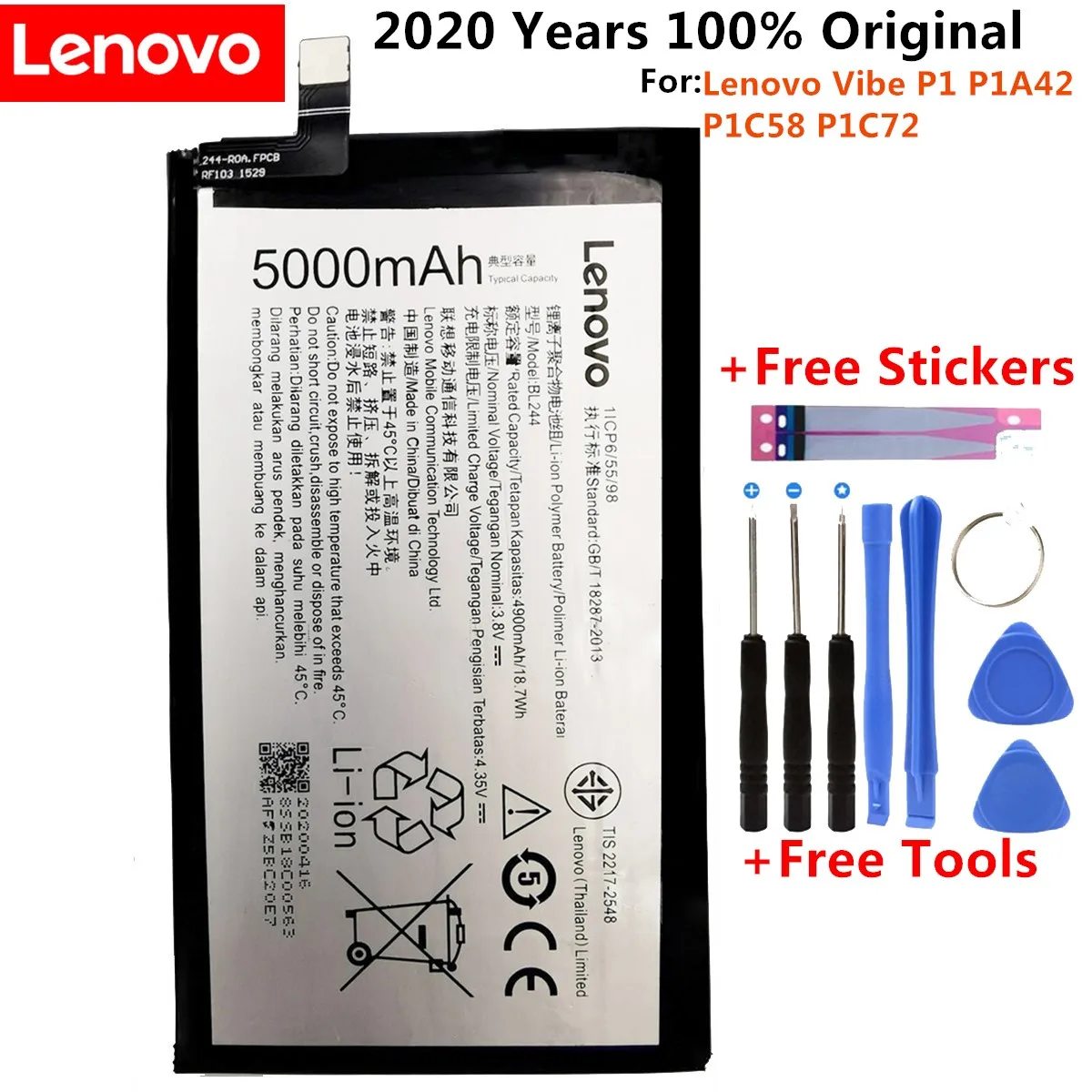 

100% Original New High quality Real 5000mAh BL244 battery Batterie for Lenovo Vibe P1 P1A42 P1C58 P1C72