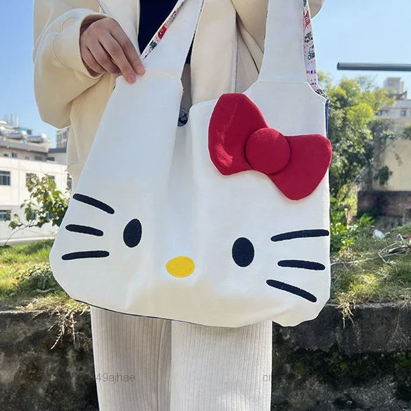 Kawaii Hello Kitty Canvas Bags Anime Kt Cat Shoulder Bag Women Casual Tote Foldable Handbag Large Capactiy Storage Bag Girl Gift