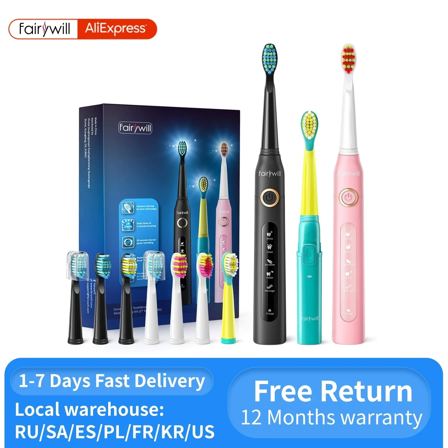 

Fairywill 2001 Family Kids Sonic Electric Toothbrush Rechargeable Soft Tongue Cleaner Smart Timer and 3 Modes 4 Hours Charge