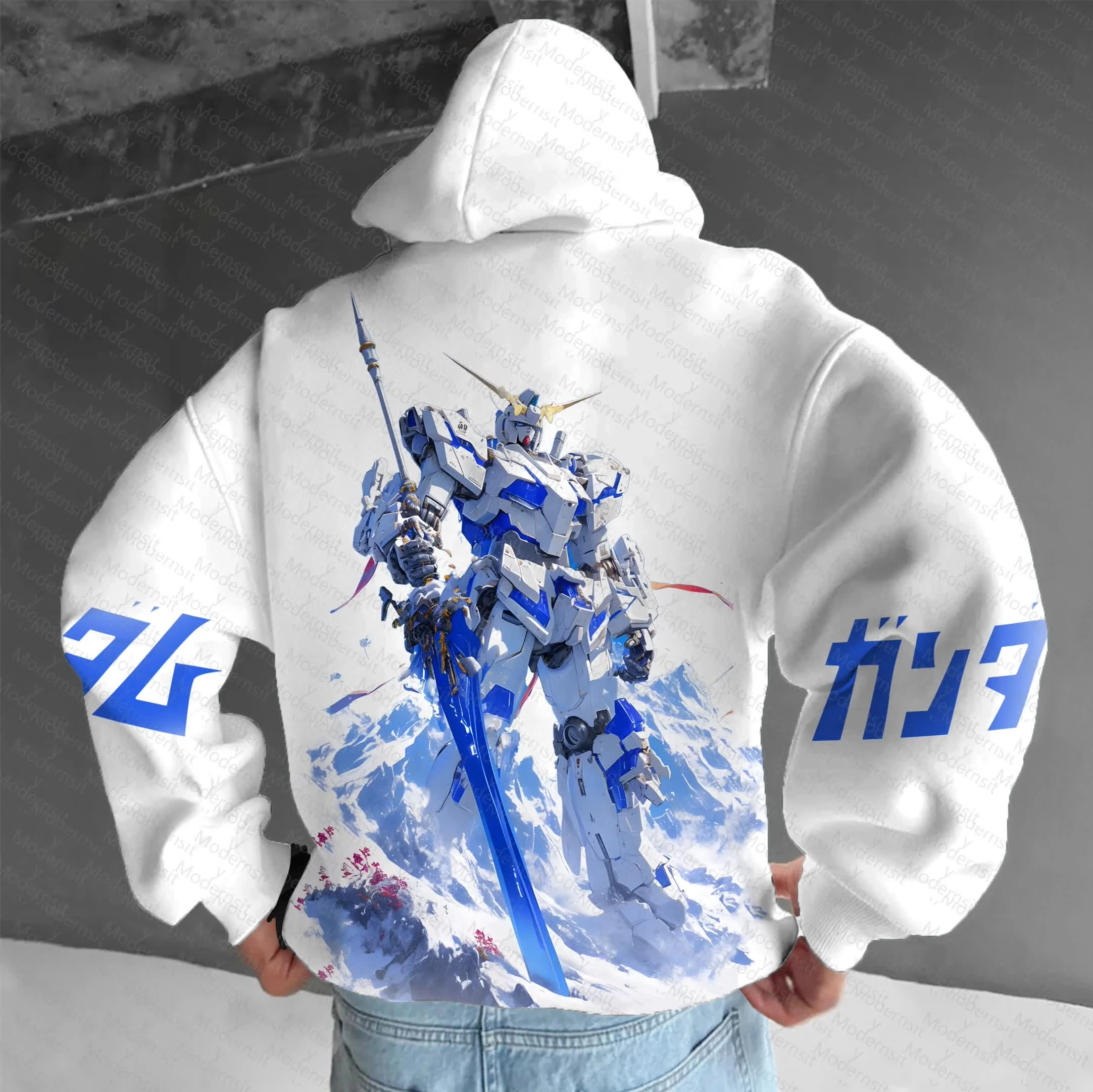 Hombres Mujeres GUNDAM Anime Sudadera con capucha blanca Robot azul ropa de calle con imágenes Casual suelta ajuste Otoño Invierno correr Fitness sudadera