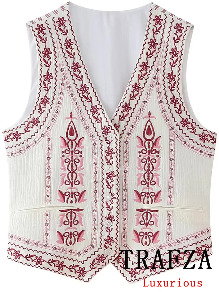 TRAFZA Vintage Casual Chic Women Vest Embroidery V-Neck Sleeveless Single Breasted Short Vest New Fashion 2024 Summer Jakcets