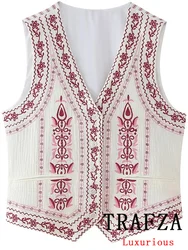 TRAFZA Vintage Casual Chic Women Vest Embroidery V-Neck Sleeveless Single Breasted Short Vest New Fashion 2024 Summer Jakcets