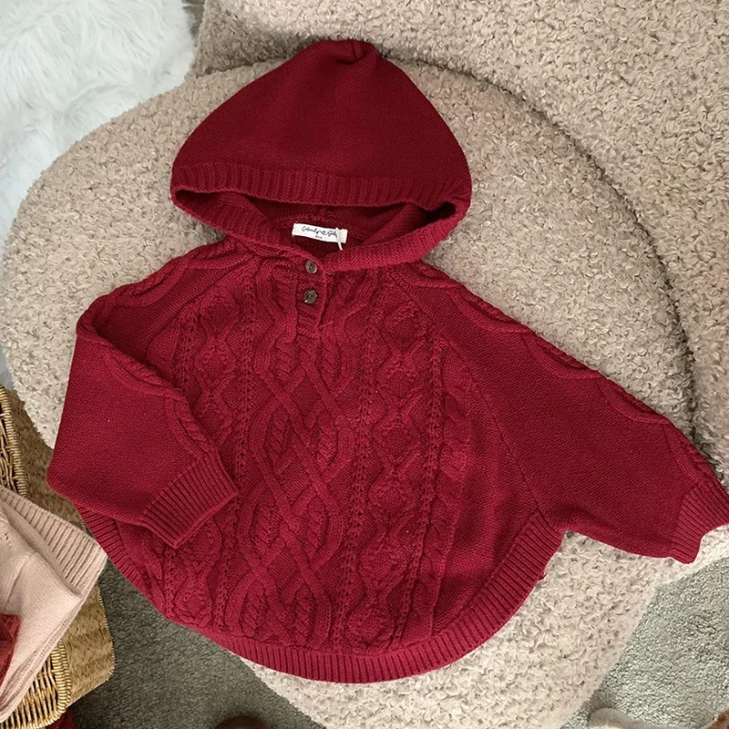 

Рождественская вязаная накидка для маленьких девочек, накидка с длинным рукавом и капюшоном, свитер, осенний свитер для маленьких девочек, пуловер, Новогодняя одежда