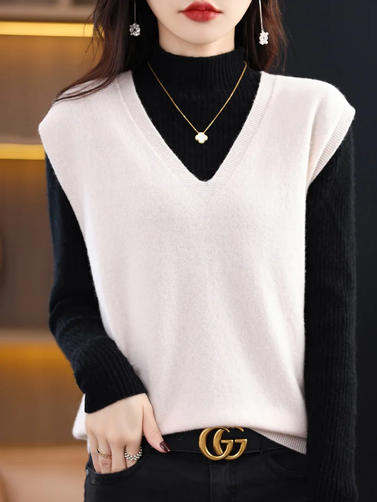V-neck 100% Merino Wool Pullover Sweater Vest Women Autumn Winter Soild Sleeveless Thickened Versatile Cashmere Knited Waistcoat