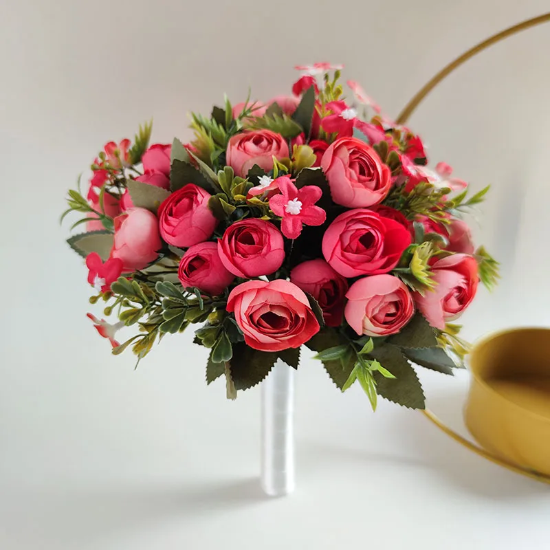 Ramo de novia de marfil, accesorios de boda, ramos de novia pequeños, rosas de té de seda, flores artificiales Rojas, ramo de matrimonio para damas de honor