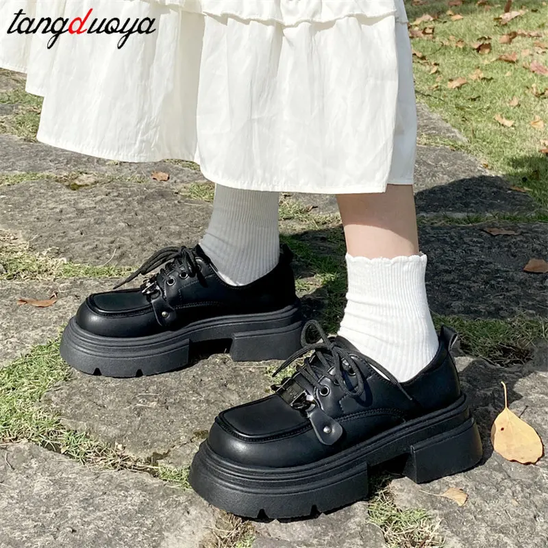 Chunky Platform Oxfords Shoes for Women 2024 summer Non Slip Lace Up Lolita shoes Woman Thick Bottom Leather Gothic Uniform Shoe