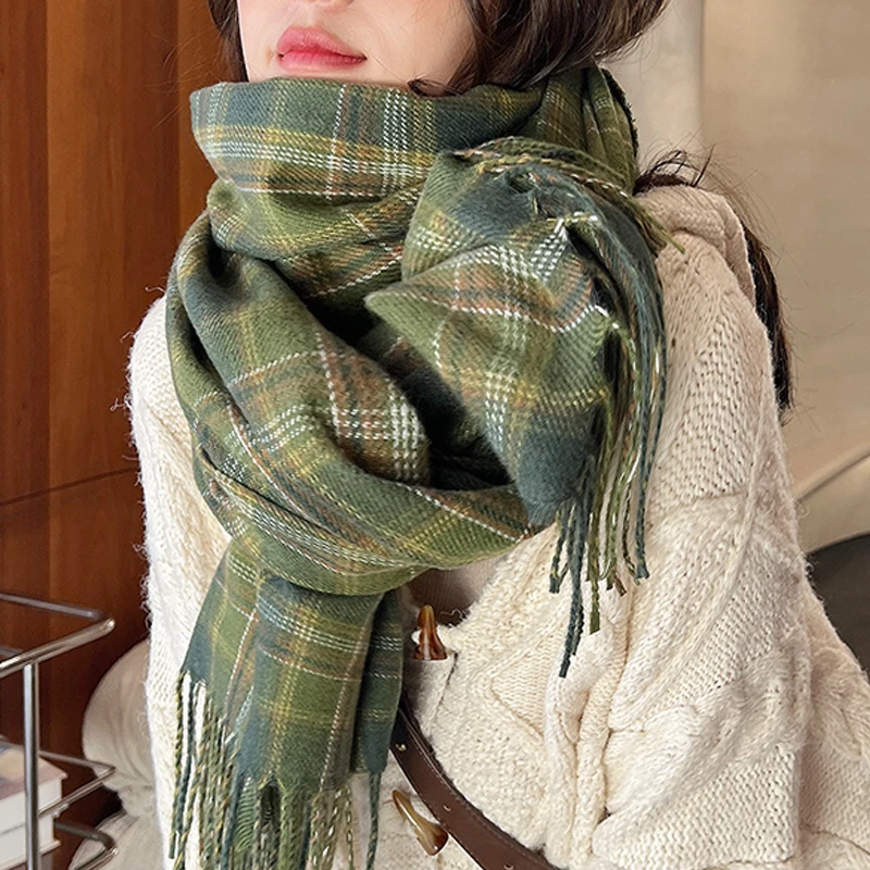 Fashion Winter Korean Version Green Checkered Scarf For Women's Warm Shawl Scarf