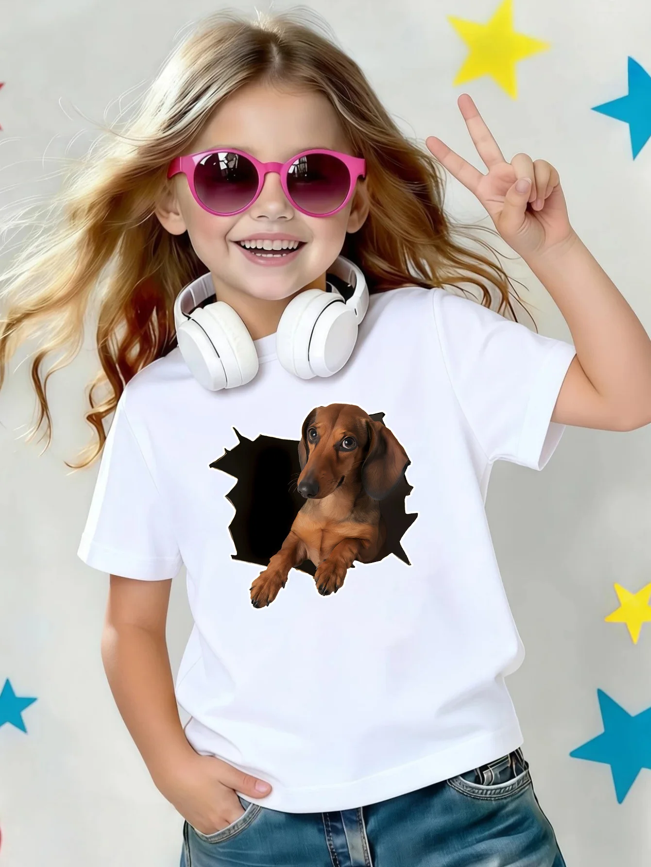 Cute Dachshund Break Through Hole Animal Print Kids Tee Boys Girls Cotton Summer Soft Casual Unisex Kids Short Sleeve Shirts