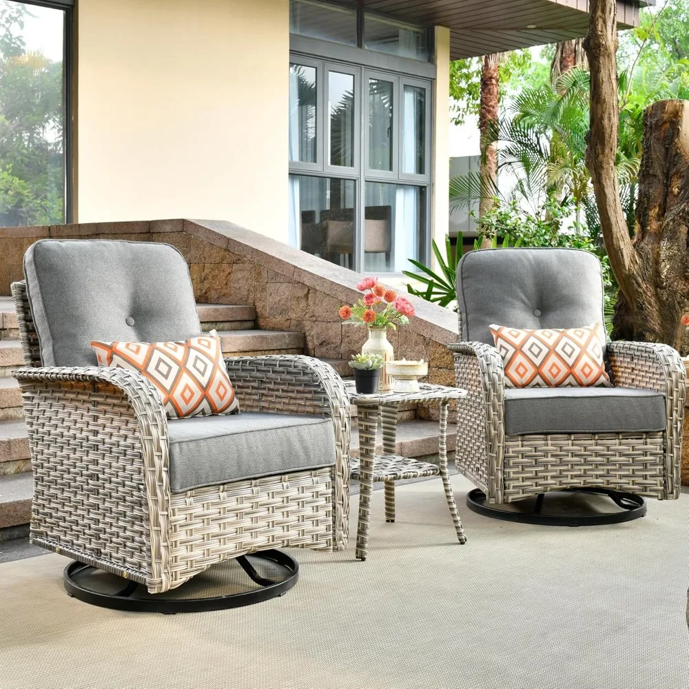 

Outdoor Swivel Rocking Chair Set of 3 with Coffee Table, Patio Wicker Rocker with Comfortable Thicken Deep Seating, Comfy Ratta