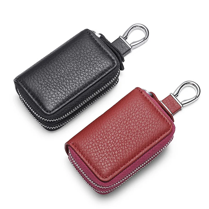 Koe Lederen Sleutel Tas Vintage Unisex Tassen Case Cover Auto Sleutelhanger Huishoudster Houders Dubbele Rits Eenvoudige Solid Wallet Organizer